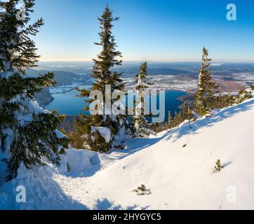 Blick auf den Kochelsee und die Ausläufer der Alpen bei München. Blick vom Mt. Jochberg am Walchensee im Winter in den bayerischen Alpen. Stockfoto