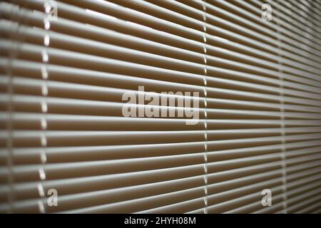 Jalousien am Fenster. Weiße Jalousien bedecken das Fenster vor der Sonne. Details zur Innenausstattung. Diagonal aufnehmen. Stockfoto