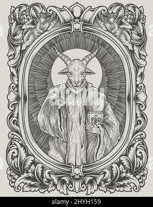 Illustration gruselig baphomet auf Gravur Ornament Stock Vektor