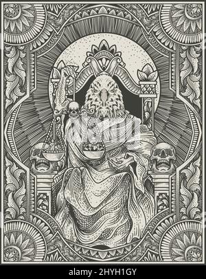 Illustration König Adler satan auf Gothic Gravur Ornament Stil Stock Vektor