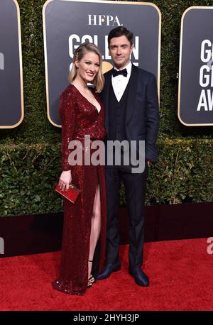 Topher Grace und Ashley Hinshaw bei den jährlichen Golden Globe Awards 76., die am 6. Januar 2019 im Beverly Hilton Hotel in Beverly Hills, CA, verliehen wurden. Stockfoto