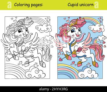 Niedlicher Einhorn-Kopf mit Regenbogenmähe am Himmel mit Sternen. Malbuch Seite mit Farbvorlage. Vektorgrafik Cartoon-Illustration. Für Kinder Färbung, Auto Stock Vektor