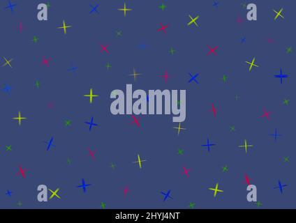 Art abstrakt marineblauer Hintergrund mit roten, gelben und grünen Sternen Muster. Mehrfarbiger Blitz beleuchtete Kulisse mit Galaxie-Grafik-Design. Funke Stockfoto