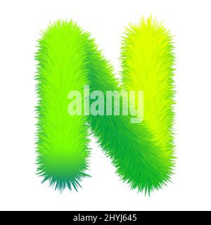 Buchstabe N flauschiges Fell, Struktur dekorative grüne Alphabet Großbuchstaben. Vektorgrafik Design isoliert Stock Vektor