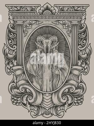 Abbildung unheimlich Ziege Schädel auf Gravur Ornament Rahmen Stock Vektor