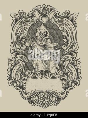 Illustration Gerechtigkeit Todesengel mit Vintage Gravur Ornament Stock Vektor