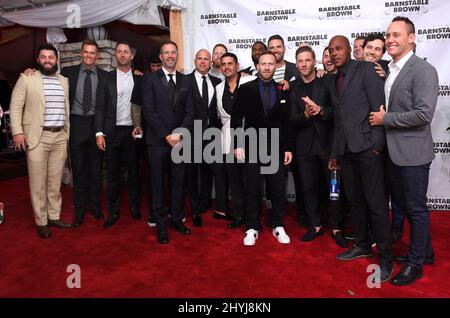 Tom Brady, Brian Hoyer, Julian Edelman von New England Patriots bei der Barnstable Brown Kentucky Derby Eve Gala 31. im Haus von Patricia Barnstable Brown in Louisville Stockfoto