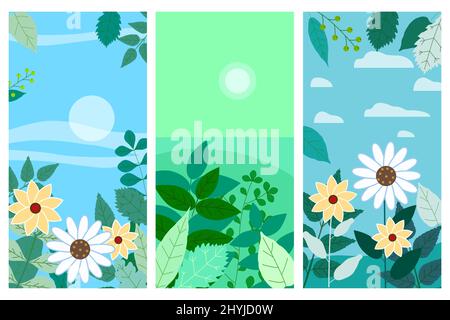 Set von Blumen Frühling Blätter und Blumen vertikale Hintergründe Social-Media-Geschichten Vorlagen, Farbe lebendige Banner, Poster, Cover-Design, Tapeten Stock Vektor