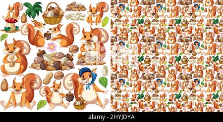 Nahtloser Hintergrund mit Eichhörnchen und Nüssen Illustration Stock Vektor