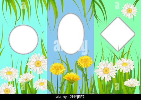 Stellen Sie Frühlingskarten mit Blumenblumen, Dandelionen und Gänseblümchen, Kamillen und Grashintergründen auf. Bunte Frühling vertikale Banner Social-Media-Geschichten Stock Vektor