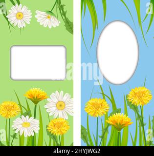 Stellen Sie Frühlingskarten mit Blumenblumen, Dandelionen und Gänseblümchen, Kamillen und Grashintergründen auf. Bunte Frühling vertikale Banner Social-Media-Geschichten Stock Vektor