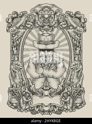 Illustration Mafia Gangster mit Gravur Stil Stock Vektor