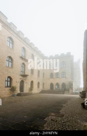 Hambacher Schloss im Nebel, Hambach, Neustadt an der Weinstraße, Pfälzerwald, Pfalz, Rheinland-Pfalz, Deutschland Stockfoto