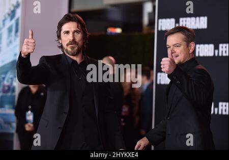 Christian Bale und Matt Damon treffen am 04. November 2019 in Hollywood, CA, bei der Los Angeles-Vorführung von Ford gegen Ferrari im TCL Chinese Theatre ein. Stockfoto