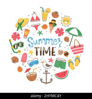 Hintergrund der Sommerzeit. Farbenfroher Style. Niedliche handgezeichnete Sommer-Ikonen. Isolierte Objekte auf weißem Hintergrund. Stock Vektor