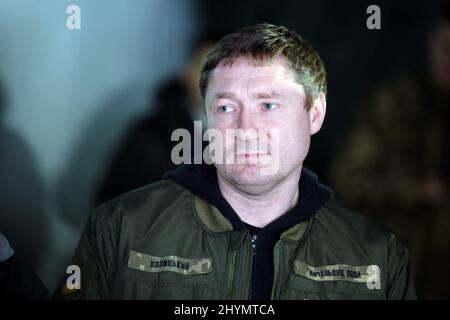 REGION LVIV, UKRAINE - 14. MÄRZ 2022 - der Leiter der regionalen Militärverwaltung von Lviv, Maksym Kozytskyi, nimmt an der Eröffnung des Samaritaner-Militärs Teil Stockfoto