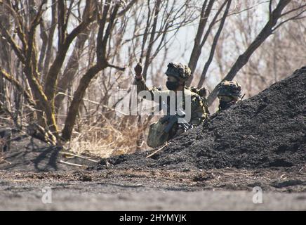 Gotemba, Japan. 15. März 2022. Mitglieder des Amphibious Rapid Deployment Regiment, Japan Ground Self-Defence Force nehmen am Dienstag, den 15. März 2022, an einer gemeinsamen militärischen Übung mit der Marine Expeditionary Unit 31., U.S. Marines, im Camp Fuji in der Präfektur Shizuoka, Japan Teil. Foto von Keizo Mori/UPI Credit: UPI/Alamy Live News Stockfoto