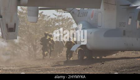 Gotemba, Japan. 15. März 2022. Der Osprey der japanischen Bodenverteidigungskräfte V-22 nimmt zum ersten Mal an einer gemeinsamen Militärübung mit US-Marineinfanterinnen im Lager Fuji in der Präfektur Shizuoka, Japan, am Dienstag, den 15. März 2022 Teil. Foto von Keizo Mori/UPI Credit: UPI/Alamy Live News Stockfoto