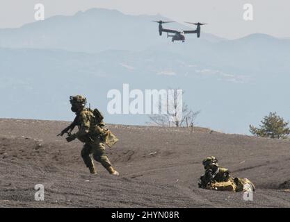 Gotemba, Japan. 15. März 2022. Mitglieder des Amphibious Rapid Deployment Regiment, Japan Ground Self-Defence Force nehmen am Dienstag, den 15. März 2022, an einer gemeinsamen militärischen Übung mit der Marine Expeditionary Unit 31., U.S. Marines, im Camp Fuji in der Präfektur Shizuoka, Japan Teil. Foto von Keizo Mori/UPI Credit: UPI/Alamy Live News Stockfoto