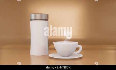 Köstlicher Kaffee in Keramikbecher und Produktflasche 3D Illustration Design Stockfoto