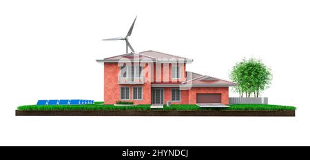 Eco Brick House mit Sonnenkollektoren und Windturbine auf weißem Hintergrund, realistische 3D Rendering Abbildung Nahaufnahme Stockfoto