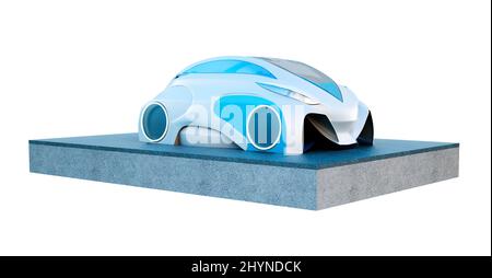 Futuristisches Elektroauto isoliert auf weißem Hintergrund, realistische 3D Rendering Illustration, futuristisches Konzept Stockfoto
