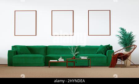 Innenraum des Wohnzimmers mit imitierten Rahmen an der Wand, realistische 3D Rendering Abbildung Nahaufnahme Stockfoto