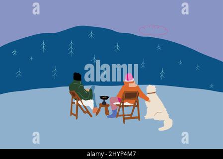 Mann und Frau sitzen auf Stühlen mit einem Hund beim Picknick und genießen den Blick auf verschneite Berge. Konzept der Ruhe auf der Natur. Vektorgrafik Stock Vektor