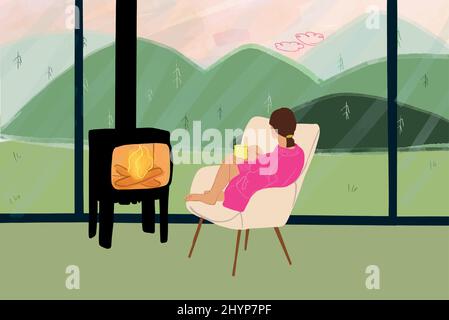 Junge Frau, die zu Hause auf einem Stuhl am Kamin neben dem Fenster sitzt, ein heißes Getränk genießt und die Aussicht auf die Berge genießt. Konzept der häuslichen Gemütlichkeit und Ruhe auf der Natur. Vektorgrafik Stock Vektor