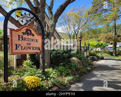 Das Schild „Bridge of Flowers“ in Shelburne, MA, markiert den Eingang zur Fußgängerbrücke im Herbst. Stockfoto