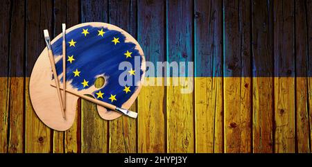 Holzkünstler-Palette mit europäischen Farben und Pinsel auf ukrainisch gekennzeichnete Tisch geladen Stockfoto