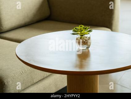Schöner kleiner Glastopf und Hose auf einem runden Schreibtisch aus Holz mit verschwommenem Hintergrund des Komfortsofas, minimalistischer Stil. Stockfoto