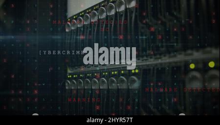 Abbildung der Warnung vor einem Cyber-Angriff über dem Serverraum Stockfoto