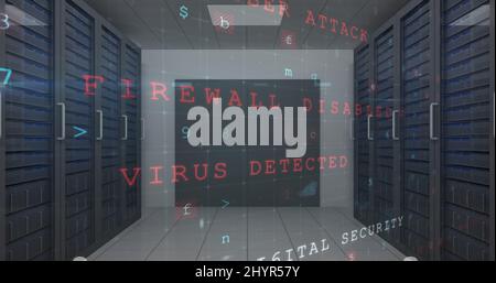 Abbildung der Warnung vor einem Cyber-Angriff über dem Serverraum Stockfoto