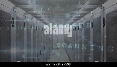 Abbildung der Warnung vor einem Cyber-Angriff über dem Serverraum Stockfoto