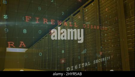 Abbildung der Warnung vor einem Cyber-Angriff über dem Serverraum Stockfoto