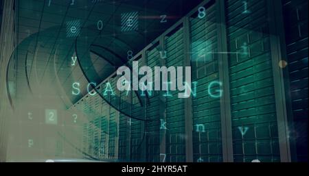 Abbildung der Warnung vor einem Cyber-Angriff über dem Serverraum Stockfoto