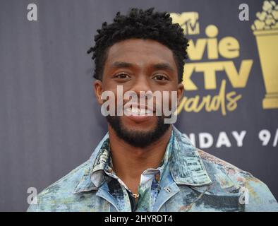 DATEI FOTO: Black Panther Schauspieler Chadwick Boseman ist nach einem vierjährigen Kampf mit Darmkrebs gestorben, sagte seine Familie in einer Erklärung. Chadwick Boseman bei der Ankunft bei den MTV Movie & TV Awards 2018, die am 16. Juni 2018 in Santa Monica, CA, bei Barker Hanger verliehen wurden. Stockfoto