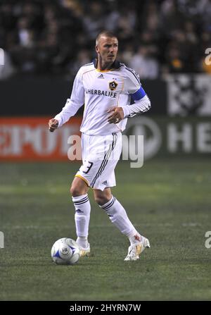 David Beckham spielt für LA Galaxy im Home Depot Center in Los Angeles. Stockfoto