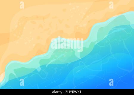 Sommerstrand mit Sand und Wellen Draufsicht im Cartoon-Stil, Hintergrund. Tropische Küstenlinie, Landschaft, Landschaft. Vektorgrafik Stock Vektor