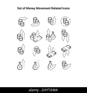 Einfache Menge Geld Bewegung Verwandte Vektor-Symbole. Enthält Symbole wie Profit, Cash Back, Gain, Loose und mehr. Stock Vektor