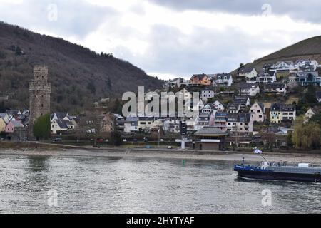 Uferpromenade von Oberwesel im Mittelrheintal während der Mqrch 2022 Stockfoto