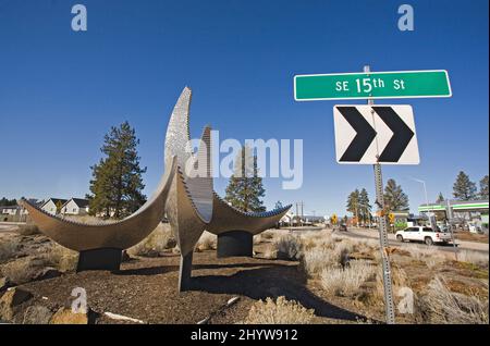 Street Art in Bend, Oregon, platziert auf den zahlreichen Kreisverkehren der Stadt. Die gesamte Skulptur ist von lokalen Künstlern. Stockfoto