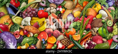 Obst und Gemüse Hintergrund oder Vegan und Veganismus oder gesunde Lebensmittel als Gruppe von frischen reifen Früchten und Nüssen mit Bohnen als Ernährungssymbol für den Verzehr. Stockfoto