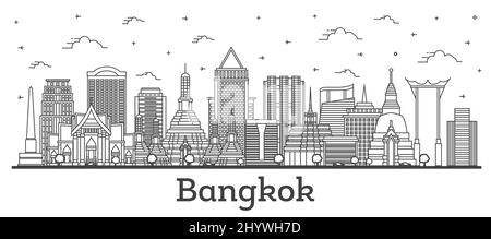 Umreißen Sie die Skyline von Bangkok Thailand City mit modernen und historischen Gebäuden auf White. Vektorgrafik. Stadtbild von Bangkok mit Wahrzeichen. Stock Vektor