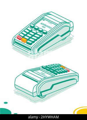 Isometrisches POS-Terminal isoliert auf weißem Hintergrund. Zahlungsmaschine. Sichere kontaktlose NFC-Zahlung. Vektorgrafik. Online-Kasse. Stock Vektor