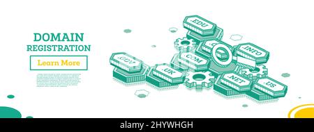 Domänenregistrierung. Isometrisches Geschäftskonzept. Vektorgrafik. Auswählen einer URL-Adresse und eines Namens der Domänenzone für die Website. Skizzieren Sie Das Konzept. Stock Vektor