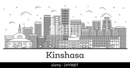 Skizzieren Sie Kinshasa Congo City Skyline mit modernen und historischen Gebäuden isoliert auf Weiß. Vektorgrafik. Kinshasa Afrika Stadtbild mit Landmark Stock Vektor
