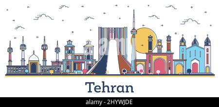 Skizzieren Sie die Skyline von Teheran Iran City mit farbigen historischen Gebäuden, die auf Weiß isoliert sind. Vektorgrafik. Teheran Persien Stadtbild mit Wahrzeichen. Stock Vektor