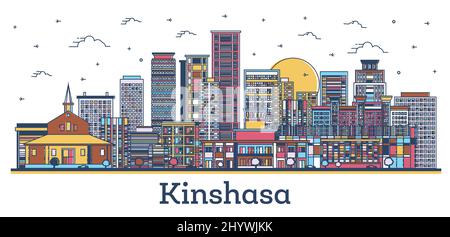 Skizzieren Sie Kinshasa Congo City Skyline mit modernen farbigen Gebäuden isoliert auf Weiß. Vektorgrafik. Kinshasa Afrika Stadtbild mit Wahrzeichen. Stock Vektor